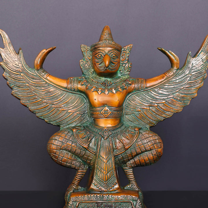 Brass Thai Garuda Idol with Open Wings Vahana of Lord Vishnu Orange Patina Finish 14 Inch