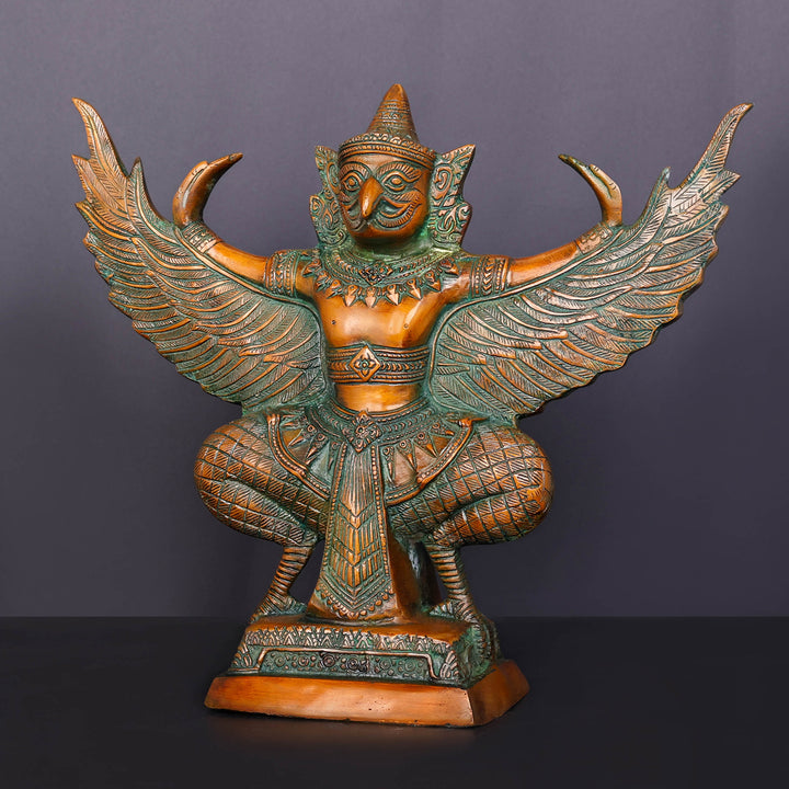 Brass Thai Garuda Idol with Open Wings Vahana of Lord Vishnu Orange Patina Finish 14 Inch