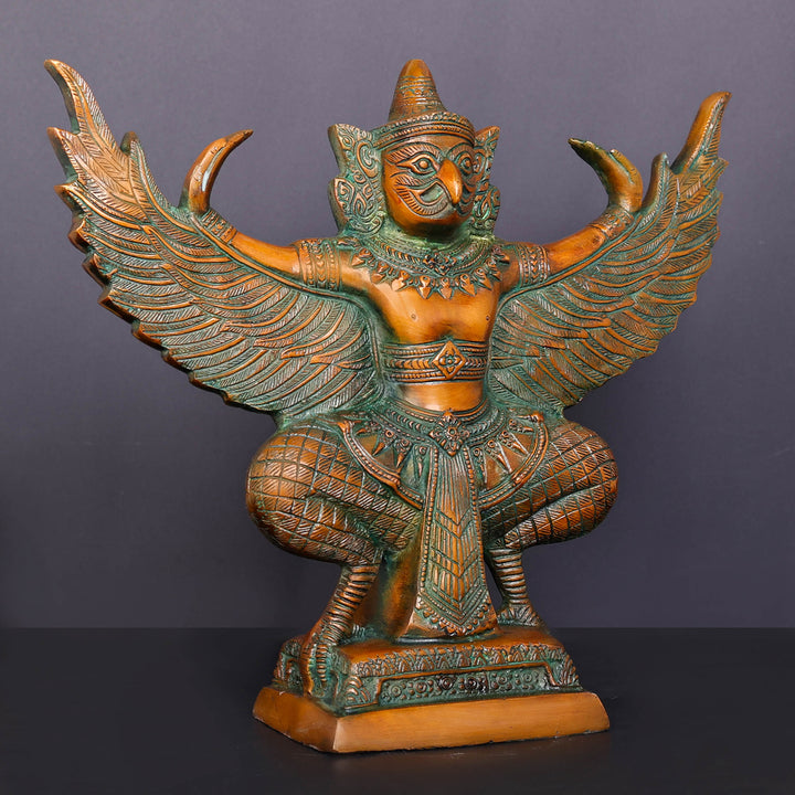 Brass Thai Garuda Idol with Open Wings Vahana of Lord Vishnu Orange Patina Finish 14 Inch