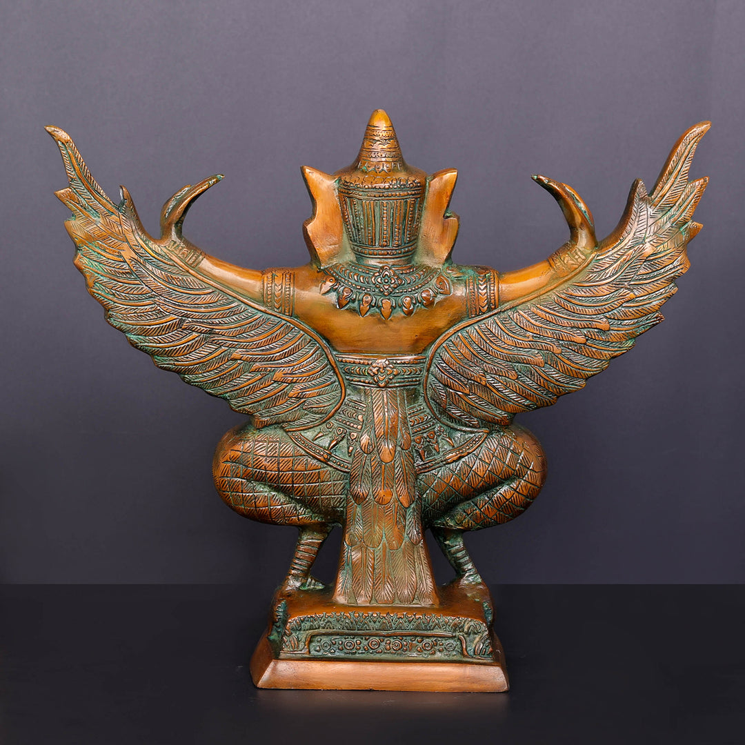Brass Thai Garuda Idol with Open Wings Vahana of Lord Vishnu Orange Patina Finish 14 Inch
