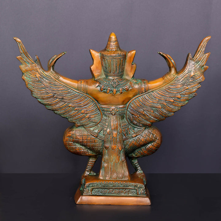 Brass Thai Garuda Idol with Open Wings Vahana of Lord Vishnu Orange Patina Finish 14 Inch