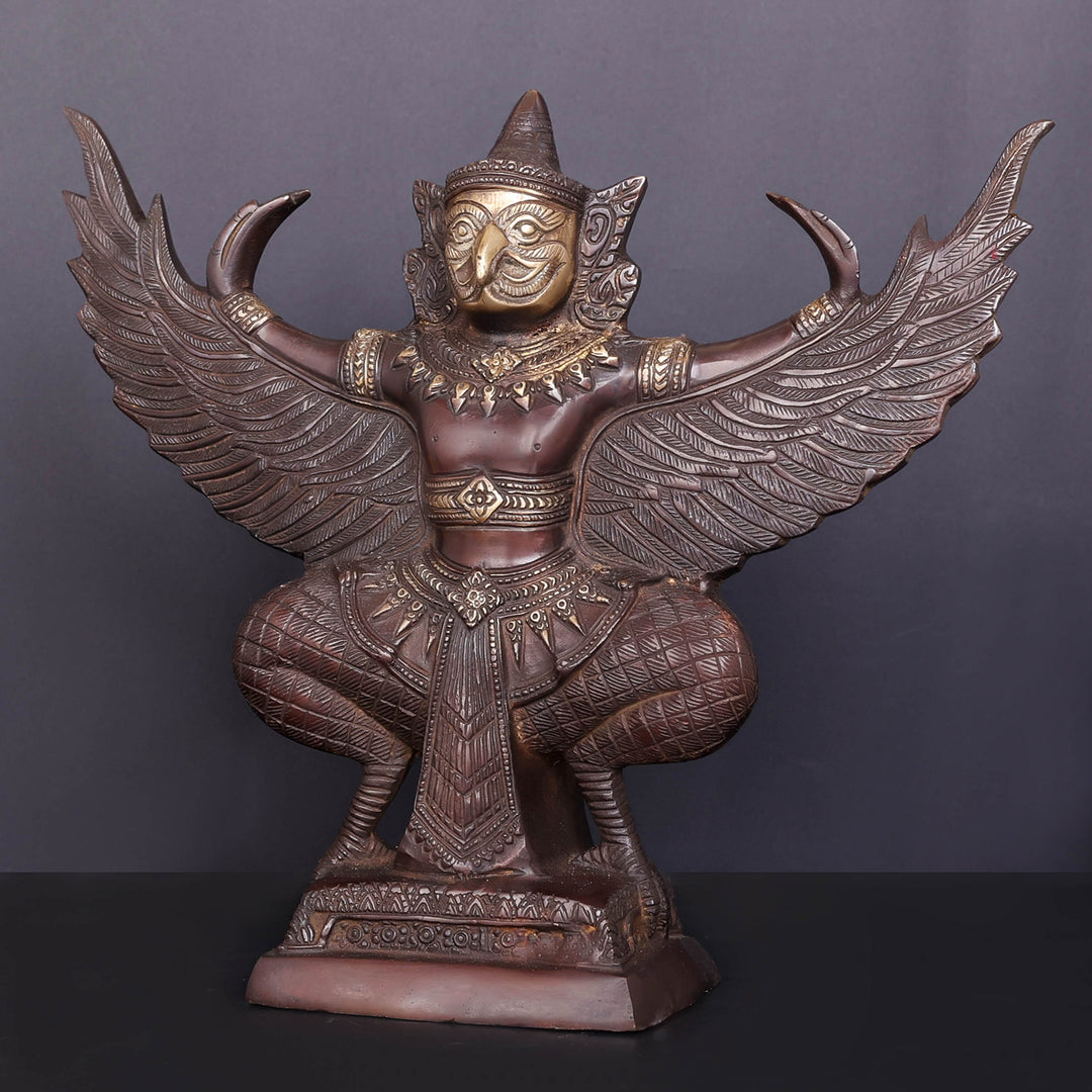Brass Thai Garuda Idol with Open Wings Vahana of Lord Vishnu Antique Finish 14 Inch