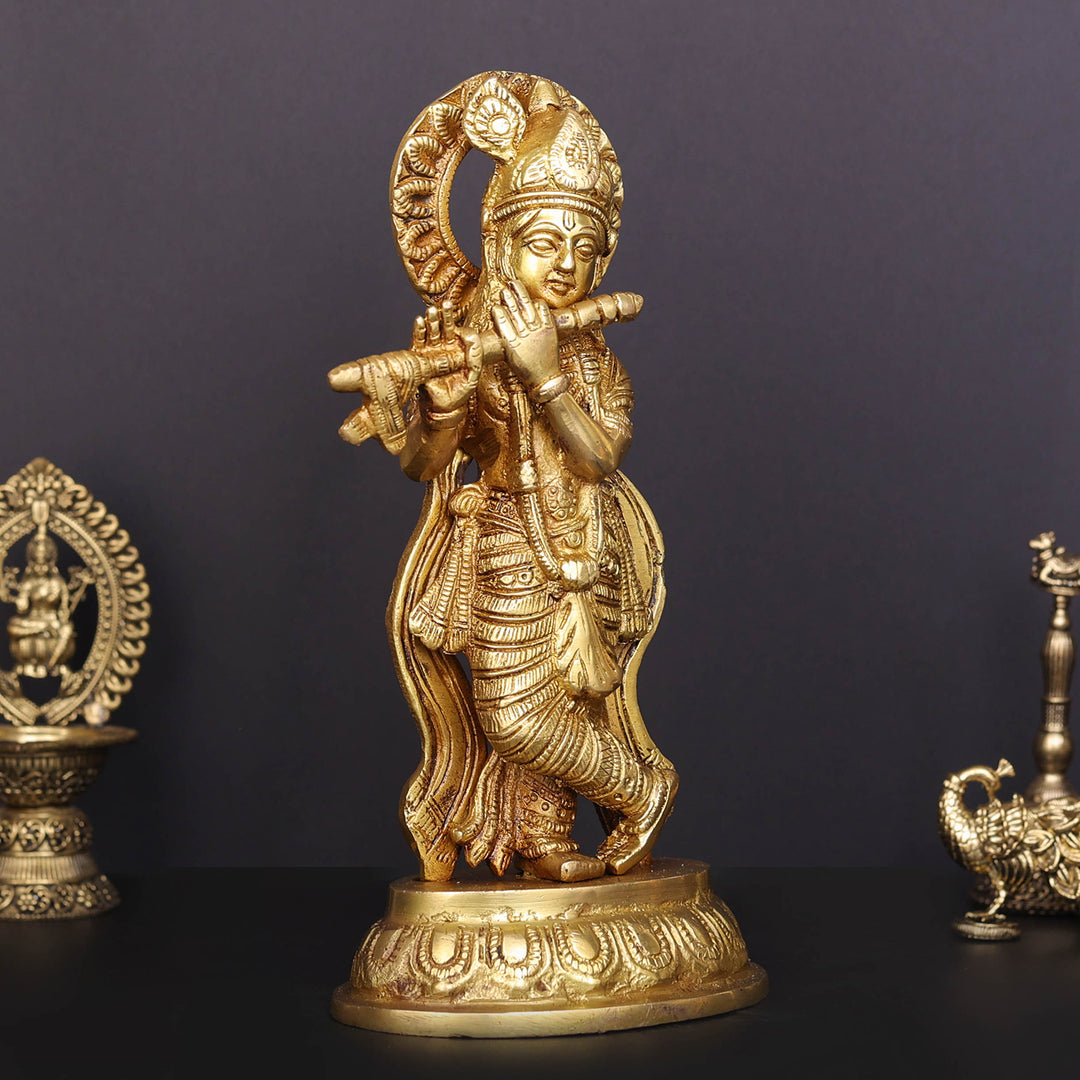 Brass Krishna Idol Golden Finish For Home Decor 8.5 Inch