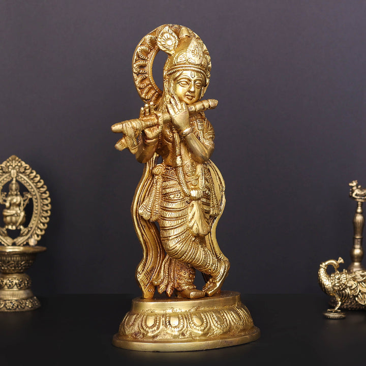 Brass Krishna Idol Golden Finish For Home Decor 8.5 Inch