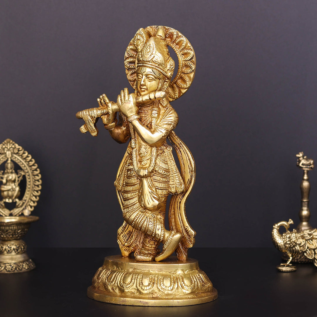 Brass Krishna Idol Golden Finish For Home Decor 8.5 Inch