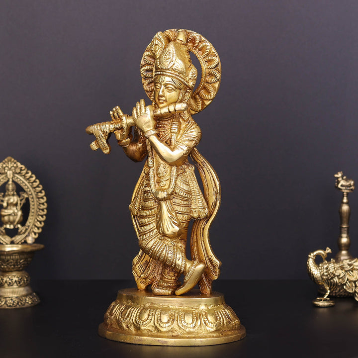 Brass Krishna Idol Golden Finish For Home Decor 8.5 Inch