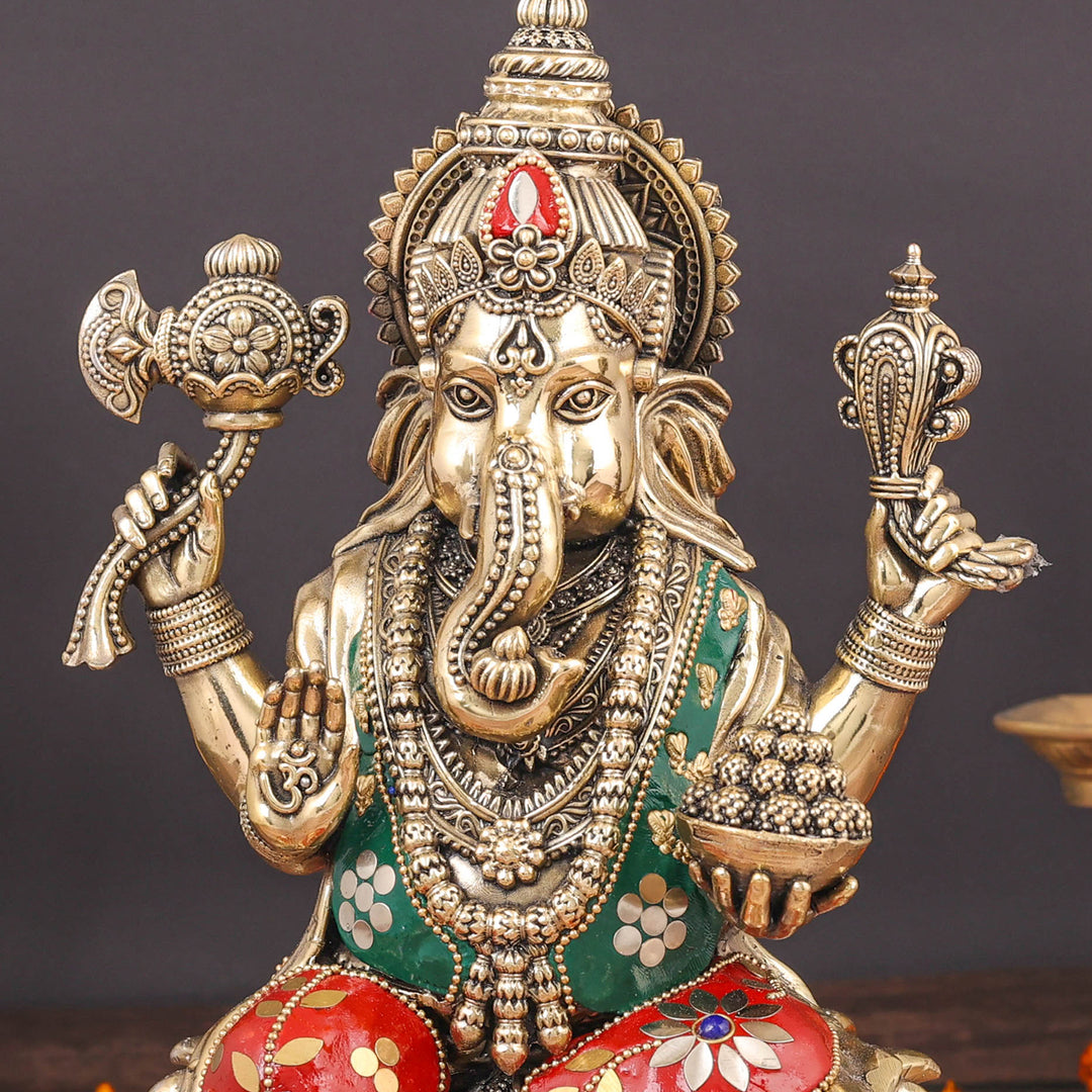 Brass Superfine Ganesha Seated On Lotus Stone Work 10 Inch