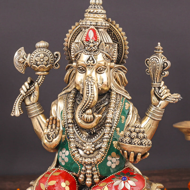 Brass Superfine Ganesha Seated On Lotus Stone Work 10 Inch