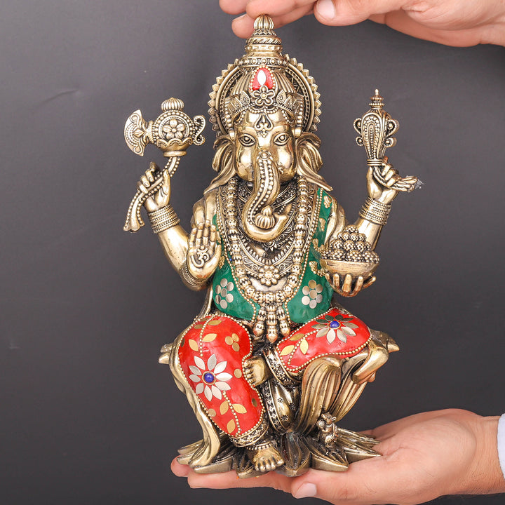 Brass Superfine Ganesha Seated On Lotus Stone Work 10 Inch