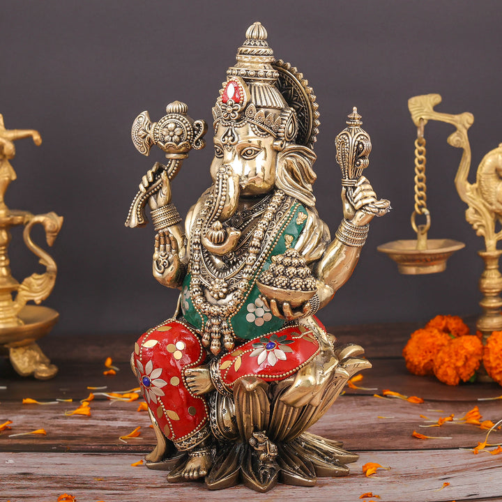Brass Superfine Ganesha Seated On Lotus Stone Work 10 Inch