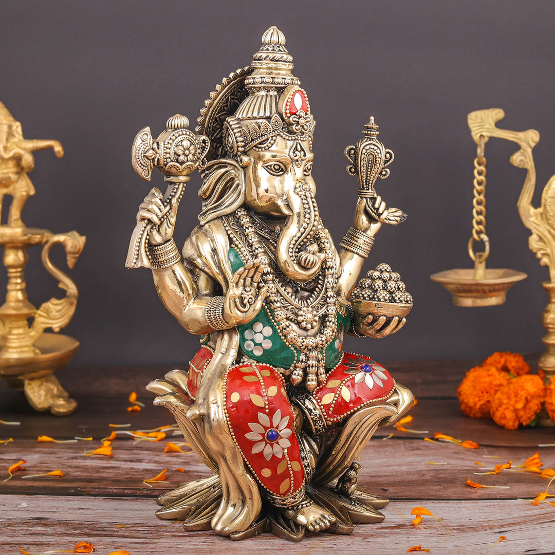 Brass Superfine Ganesha Seated On Lotus Stone Work 10 Inch