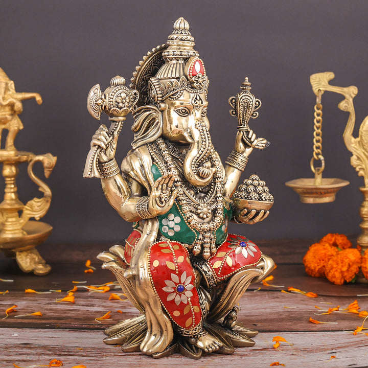 Brass Superfine Ganesha Seated On Lotus Stone Work 10 Inch