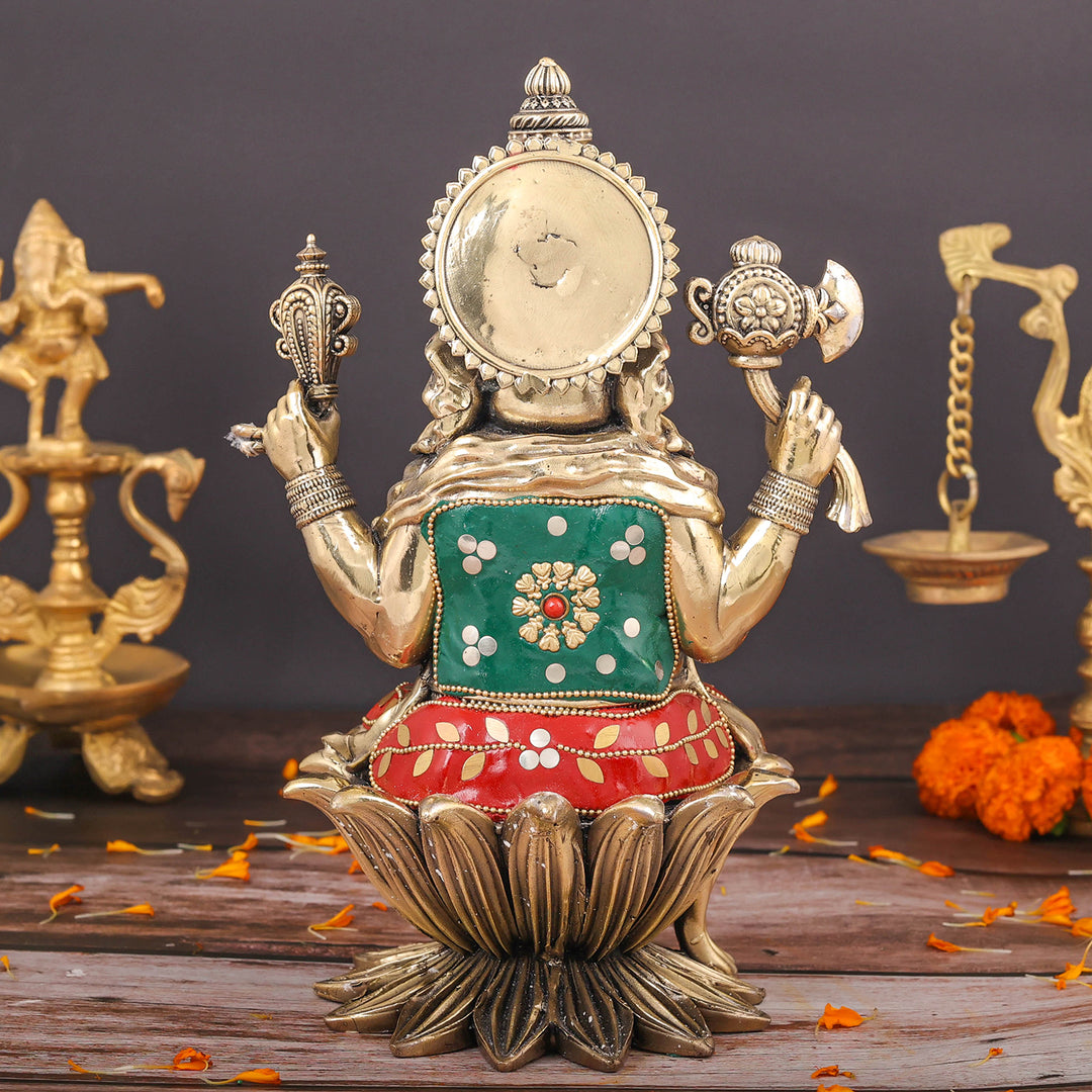 Brass Superfine Ganesha Seated On Lotus Stone Work 10 Inch