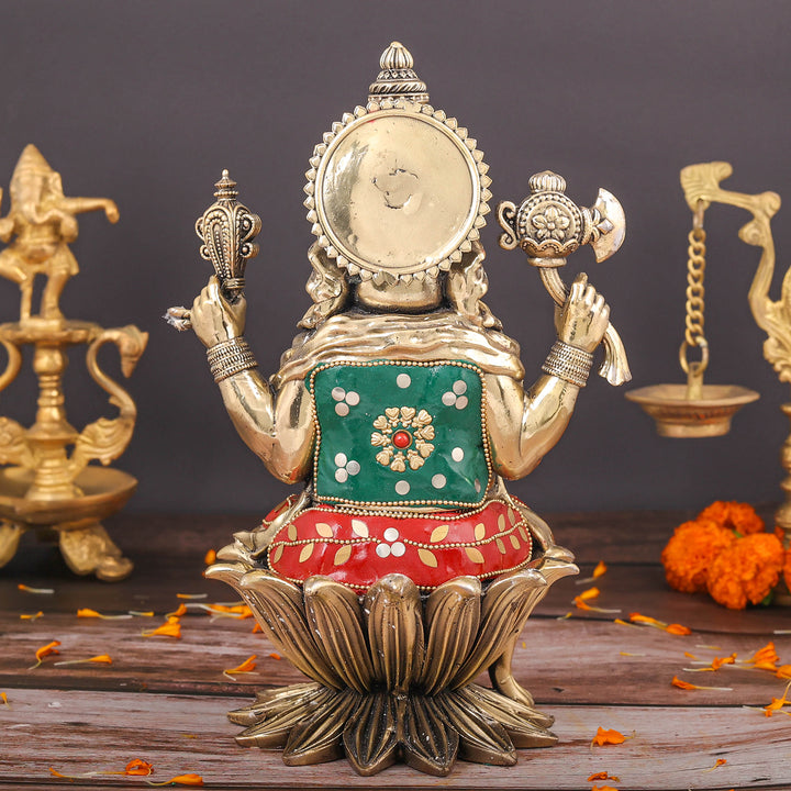 Brass Superfine Ganesha Seated On Lotus Stone Work 10 Inch