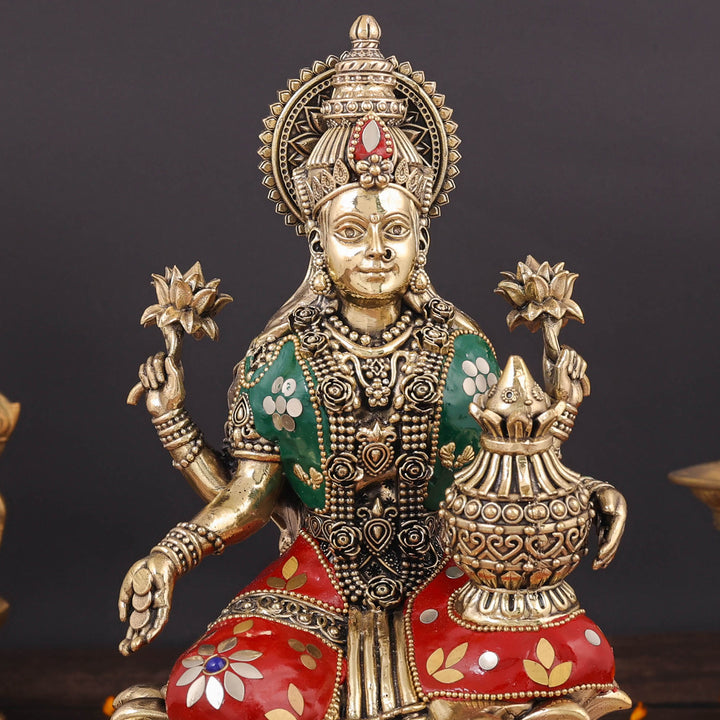 Brass Superfine Goddess Lakshmi Idol Seated on Lotus Stone Work 10 Inch