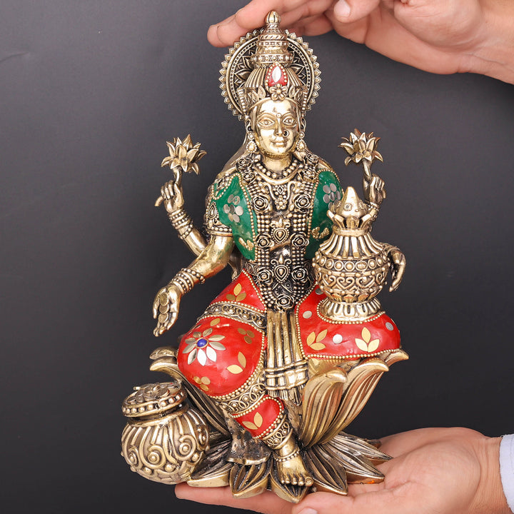 Brass Superfine Goddess Lakshmi Idol Seated on Lotus Stone Work 10 Inch