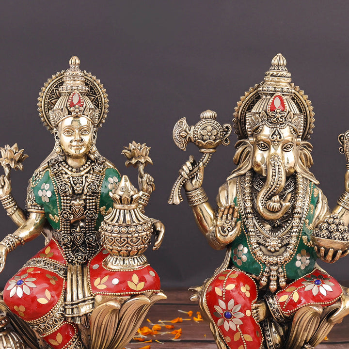 Brass Superfine Ganesha Lakshmi Idol Stone Work 10 Inch