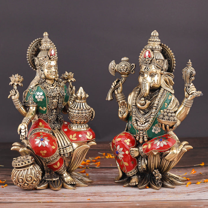 Brass Superfine Ganesha Lakshmi Idol Stone Work 10 Inch