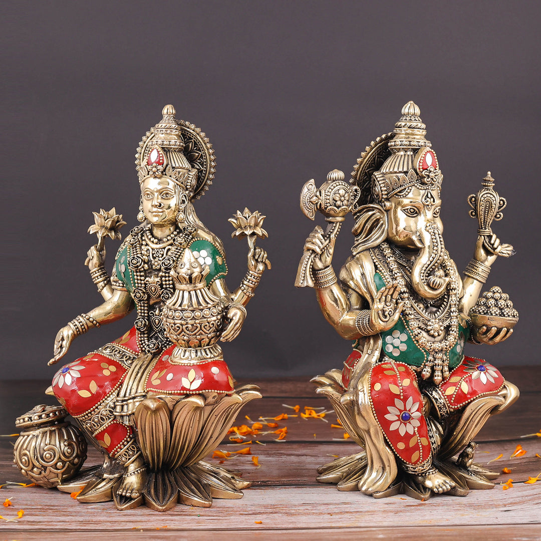 Brass Superfine Ganesha Lakshmi Idol Stone Work 10 Inch