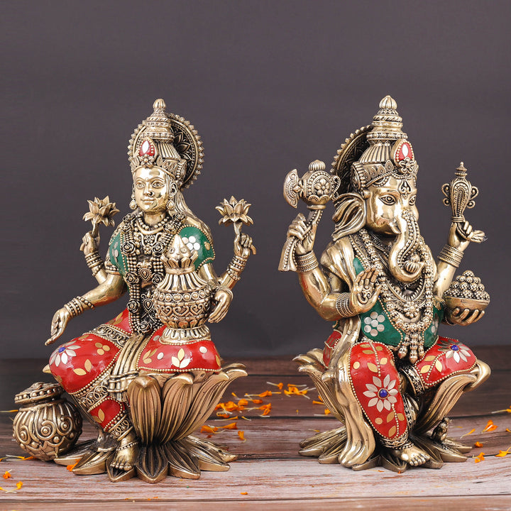 Brass Superfine Ganesha Lakshmi Idol Stone Work 10 Inch