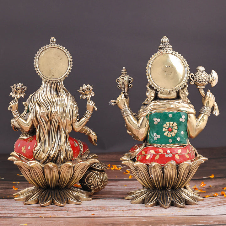 Brass Superfine Ganesha Lakshmi Idol Stone Work 10 Inch