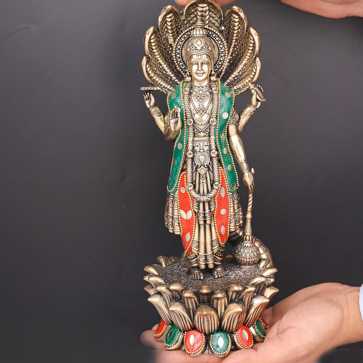Brass Sueprfine Shri Hari Vishnu Idol With Sheshnag 11 Inch