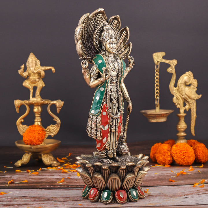 Brass Sueprfine Shri Hari Vishnu Idol With Sheshnag 11 Inch