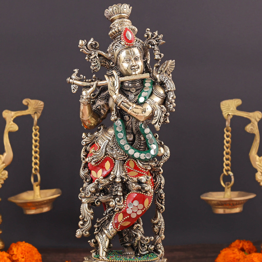 Brass Superfine Lord Krishna Idol Meenakari Stonework 12 Inch