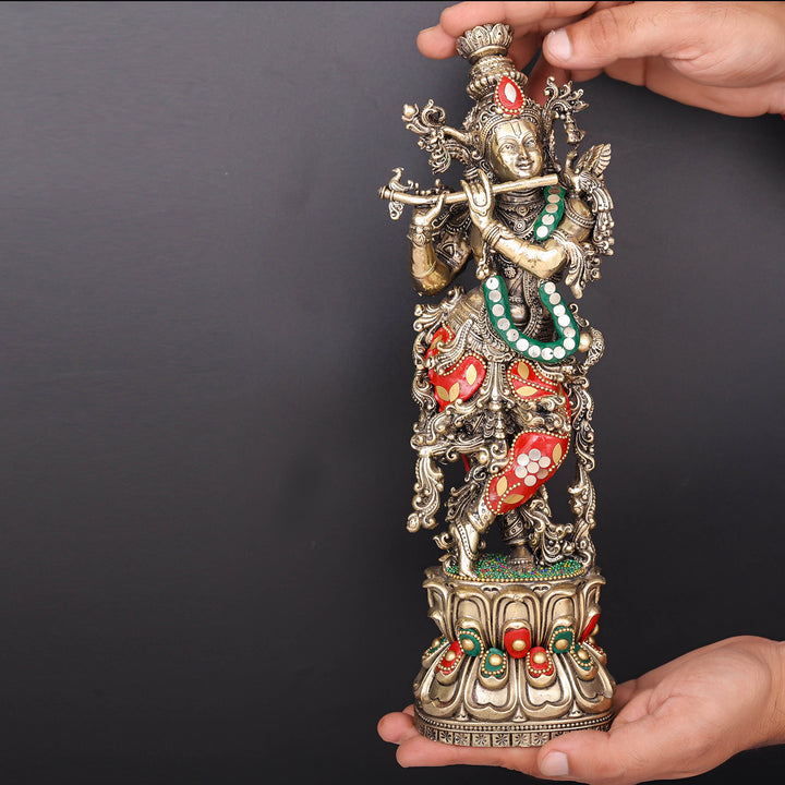 Brass Superfine Lord Krishna Idol Meenakari Stonework 12 Inch