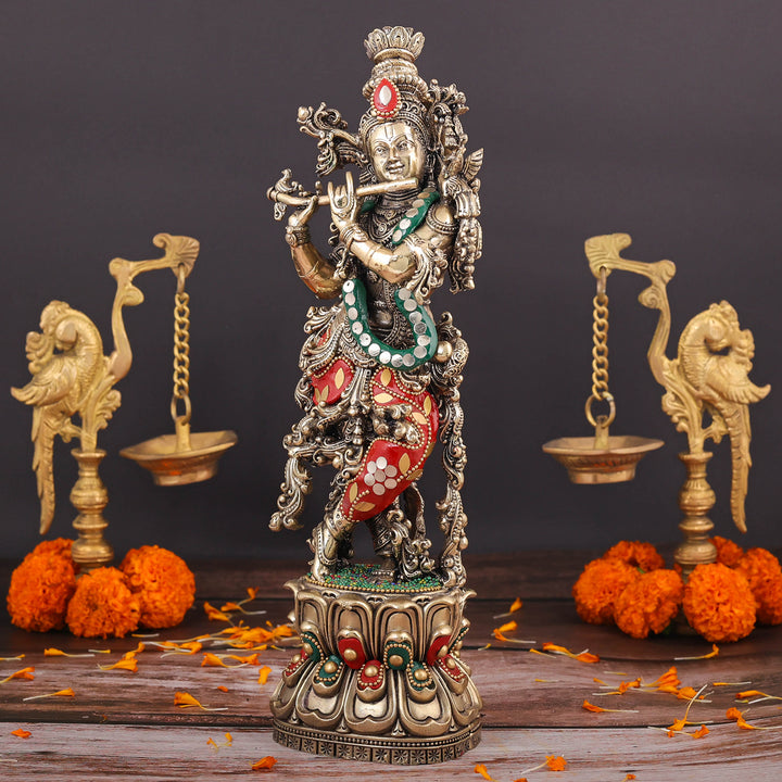 Brass Superfine Lord Krishna Idol Meenakari Stonework 12 Inch