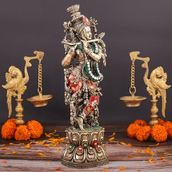 Brass Superfine Lord Krishna Idol Meenakari Stonework 12 Inch