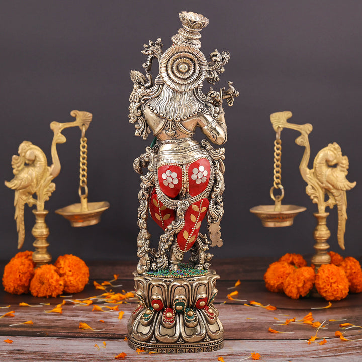 Brass Superfine Lord Krishna Idol Meenakari Stonework 12 Inch