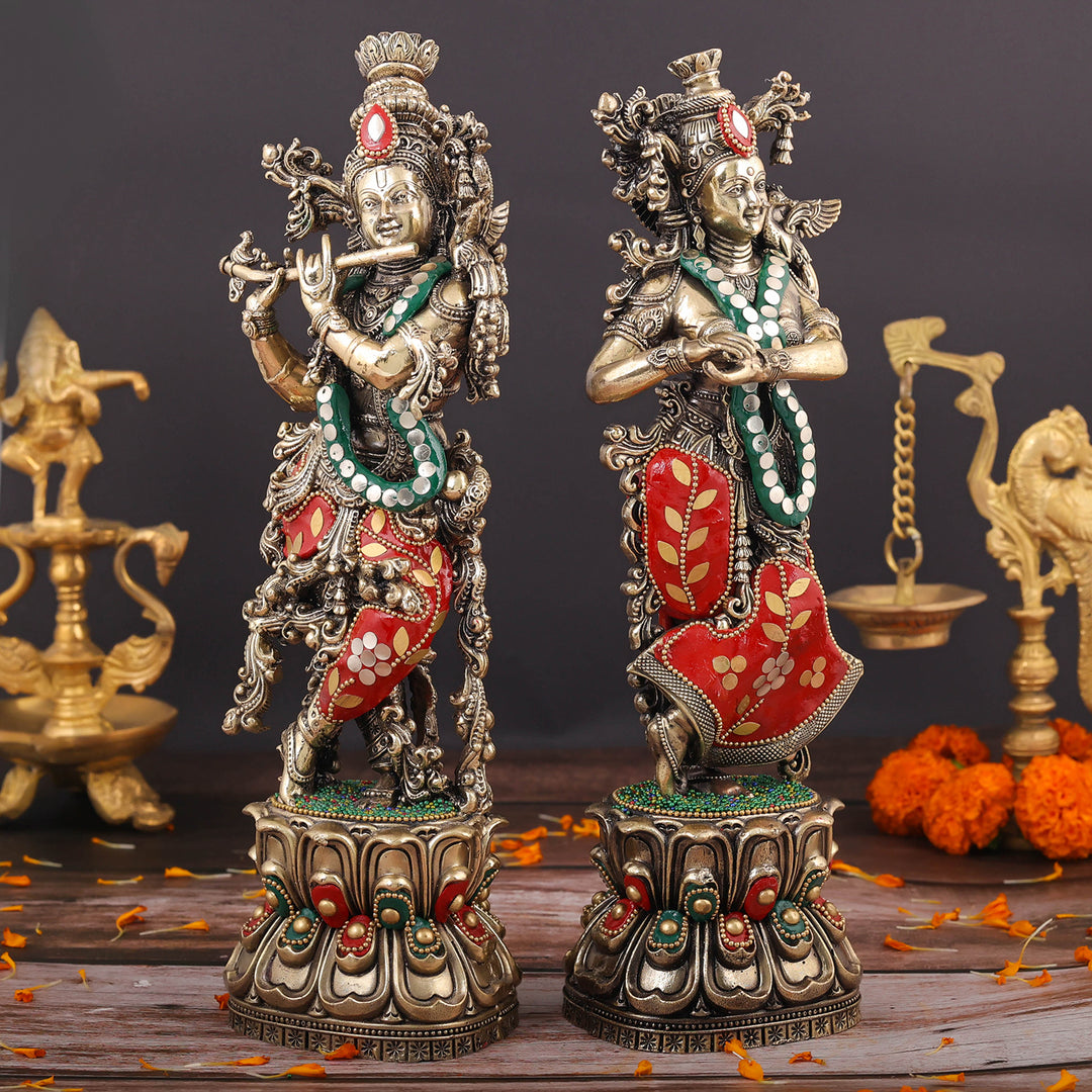 Brass Superfine Radha Krishna Idols Meenakari Stone work 12 Inches
