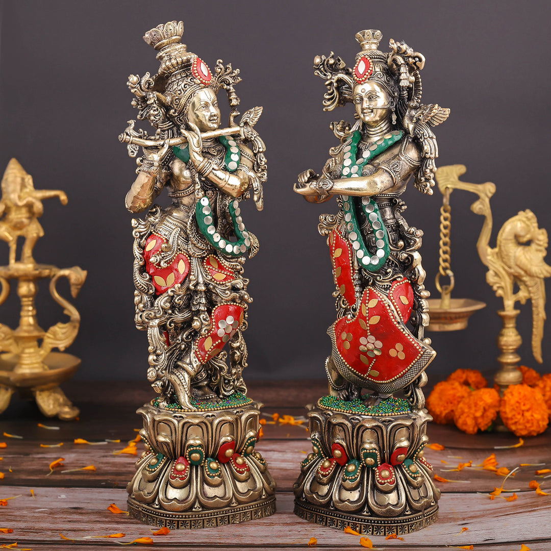 Brass Superfine Radha Krishna Idols Meenakari Stone work 12 Inches