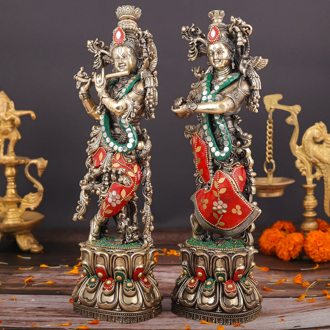 Brass Superfine Radha Krishna Idols Meenakari Stone work 12 Inches