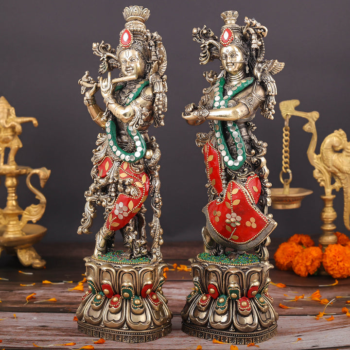 Brass Superfine Radha Krishna Idols Meenakari Stone work 12 Inches