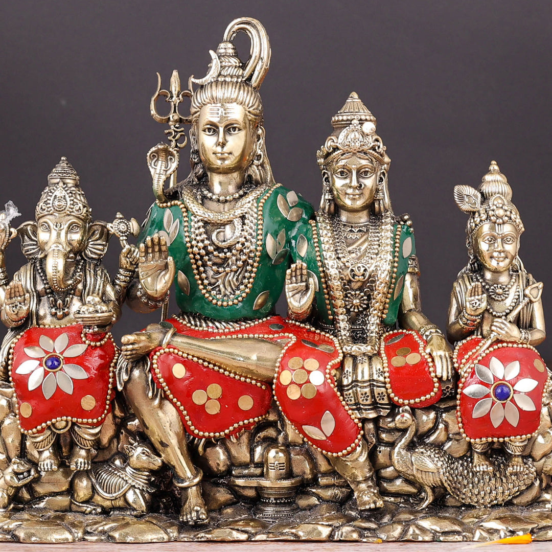 Brass Superfine Lord Shiva Family Statue with Inlay Work 8 Inch