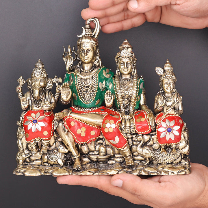 Brass Superfine Lord Shiva Family Statue with Inlay Work 8 Inch