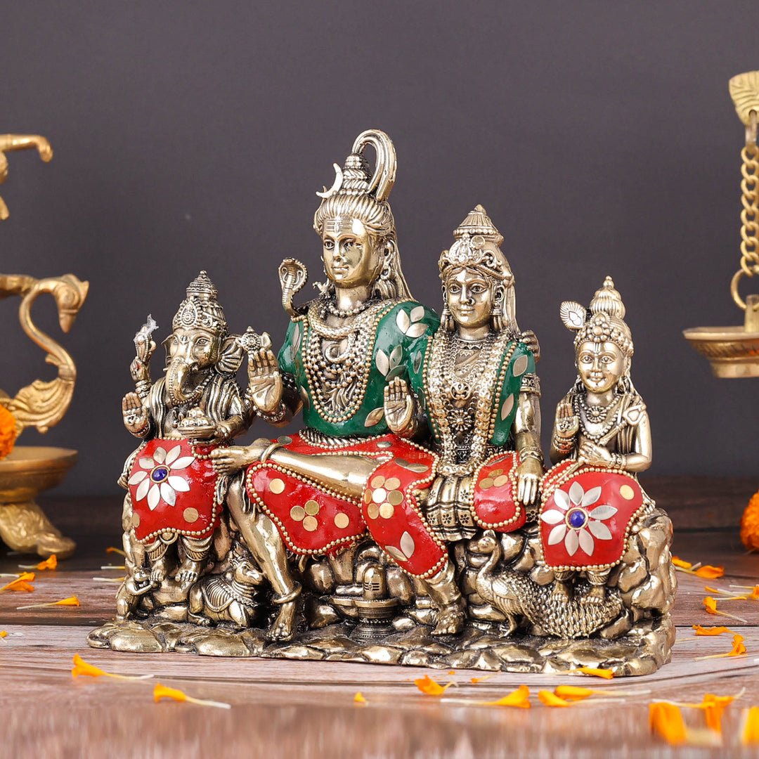 Brass Superfine Lord Shiva Family Statue with Inlay Work 8 Inch