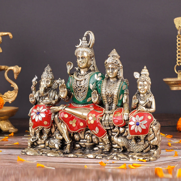 Brass Superfine Lord Shiva Family Statue with Inlay Work 8 Inch