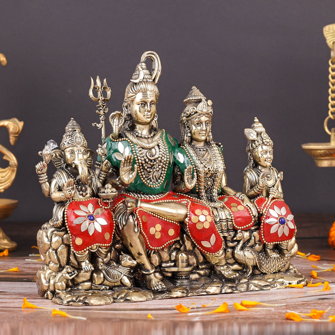 Brass Superfine Lord Shiva Family Statue with Inlay Work 8 Inch
