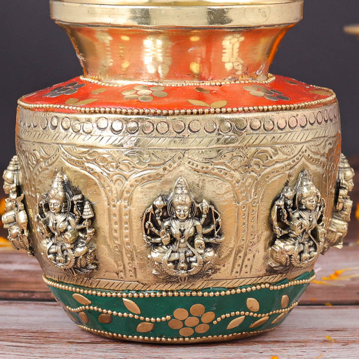 Brass Superfine Ashtalakshmi Ritual Kalash Inlay Work 5 Inch