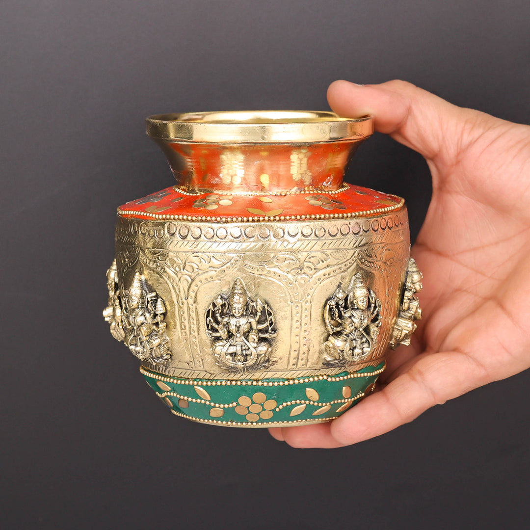 Brass Superfine Ashtalakshmi Ritual Kalash Inlay Work 5 Inch