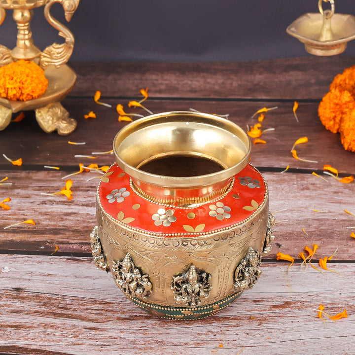 Brass Superfine Ashtalakshmi Ritual Kalash Inlay Work 5 Inch