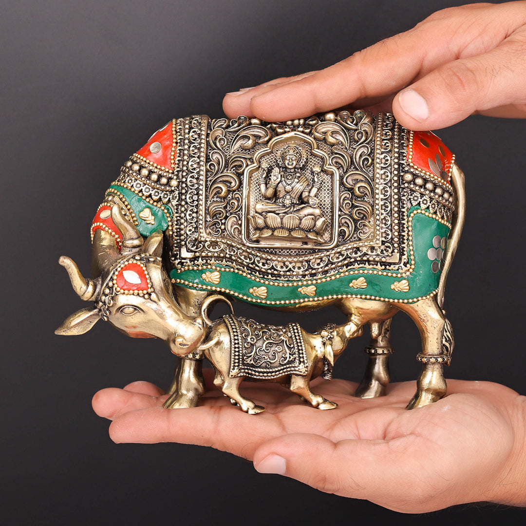 Brass Superfine Cow and Calf Statue Lakshmi Ganesha Engraving with Inlay Work 6 Inch