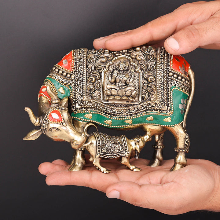 Brass Superfine Cow and Calf Statue Lakshmi Ganesha Engraving with Inlay Work 6 Inch