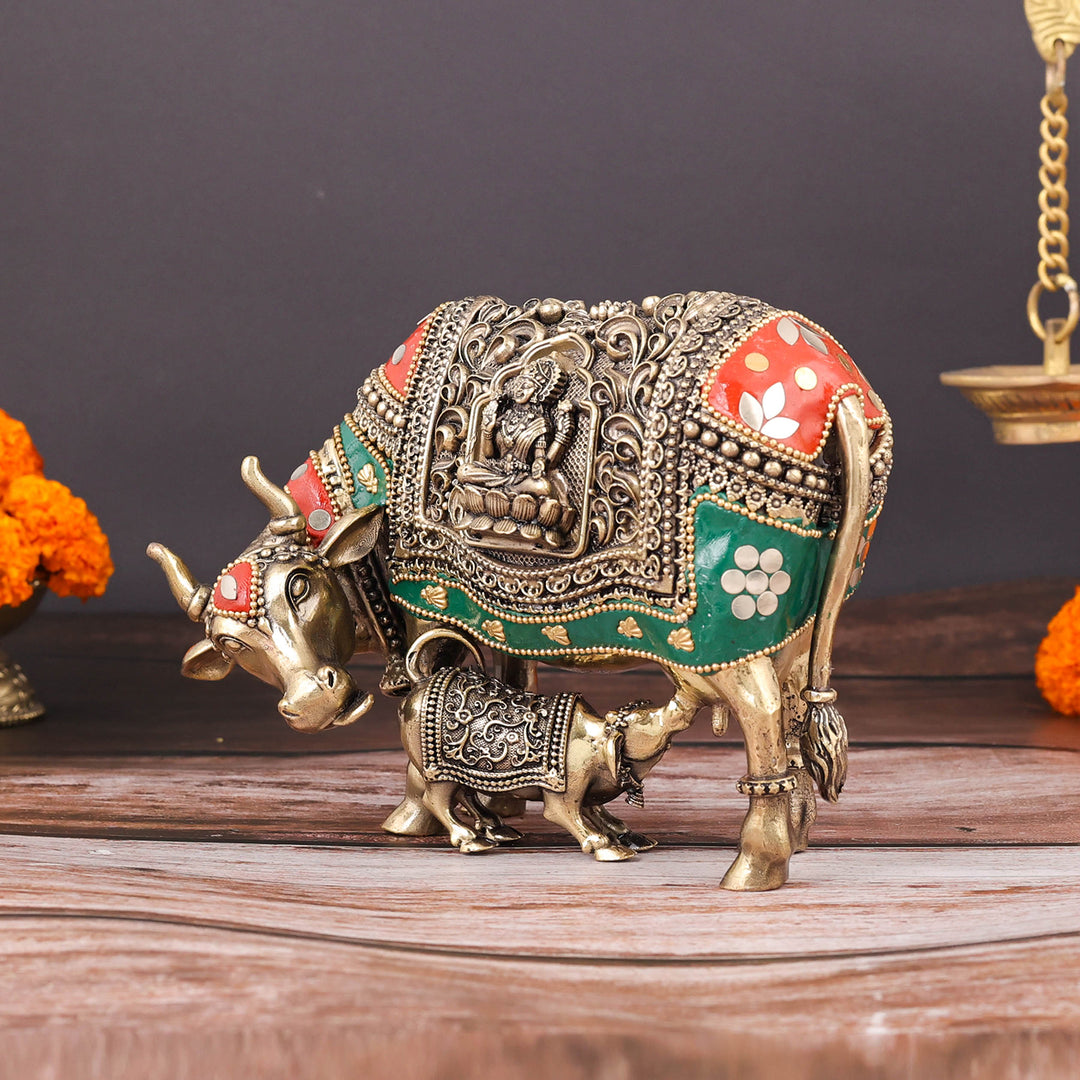 Brass Superfine Cow and Calf Statue Lakshmi Ganesha Engraving with Inlay Work 6 Inch