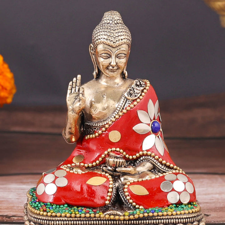 Brass Superfine Small Buddha Statue With Stone Work 4 Inch