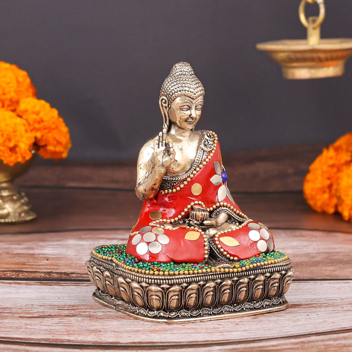 Brass Superfine Small Buddha Statue With Stone Work 4 Inch