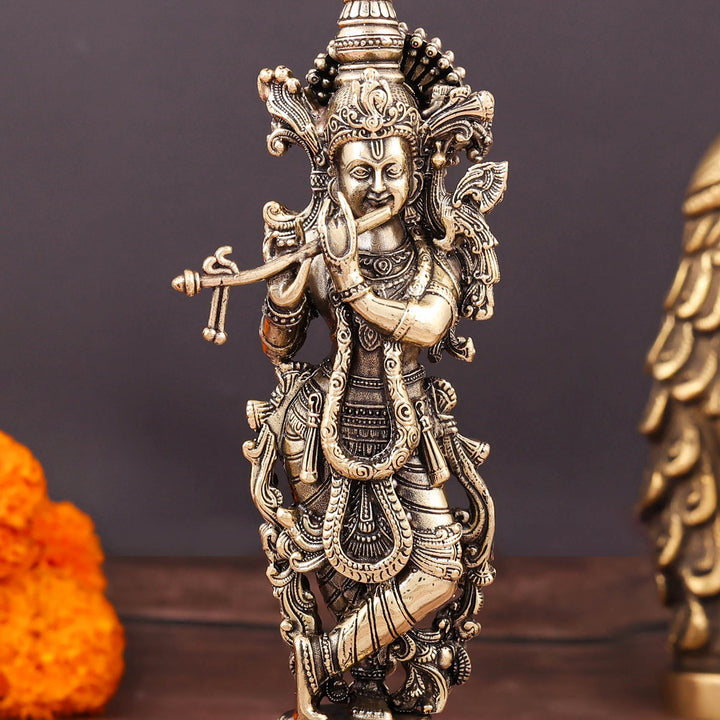 Brass Superfine Krishna Idol Intricate Carvings 6 Inch
